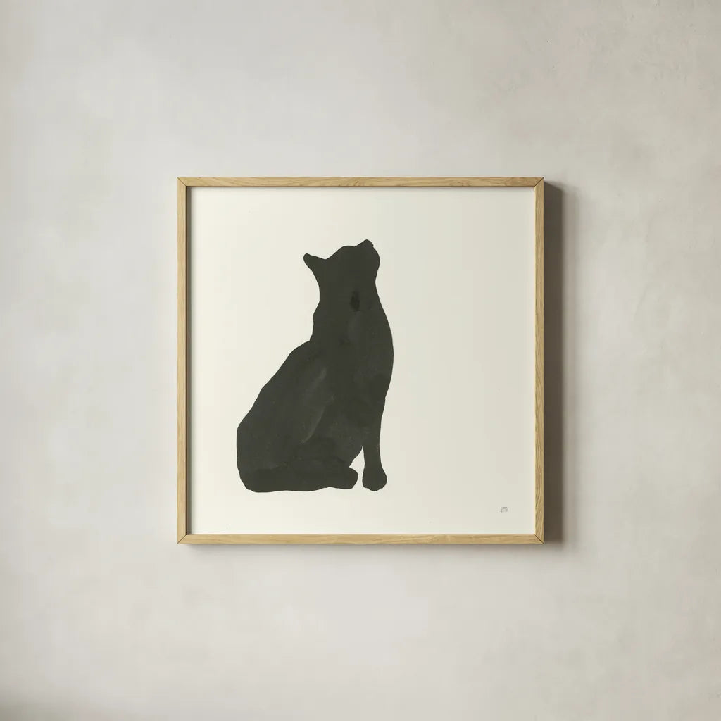 Black Cat III by Chris Paschke. Shown in a natural wood glass frame for a timeless modern aesthetic. Available as an archival giclee rolled canvas, fine art paper, or poster print. SKU 56271a.