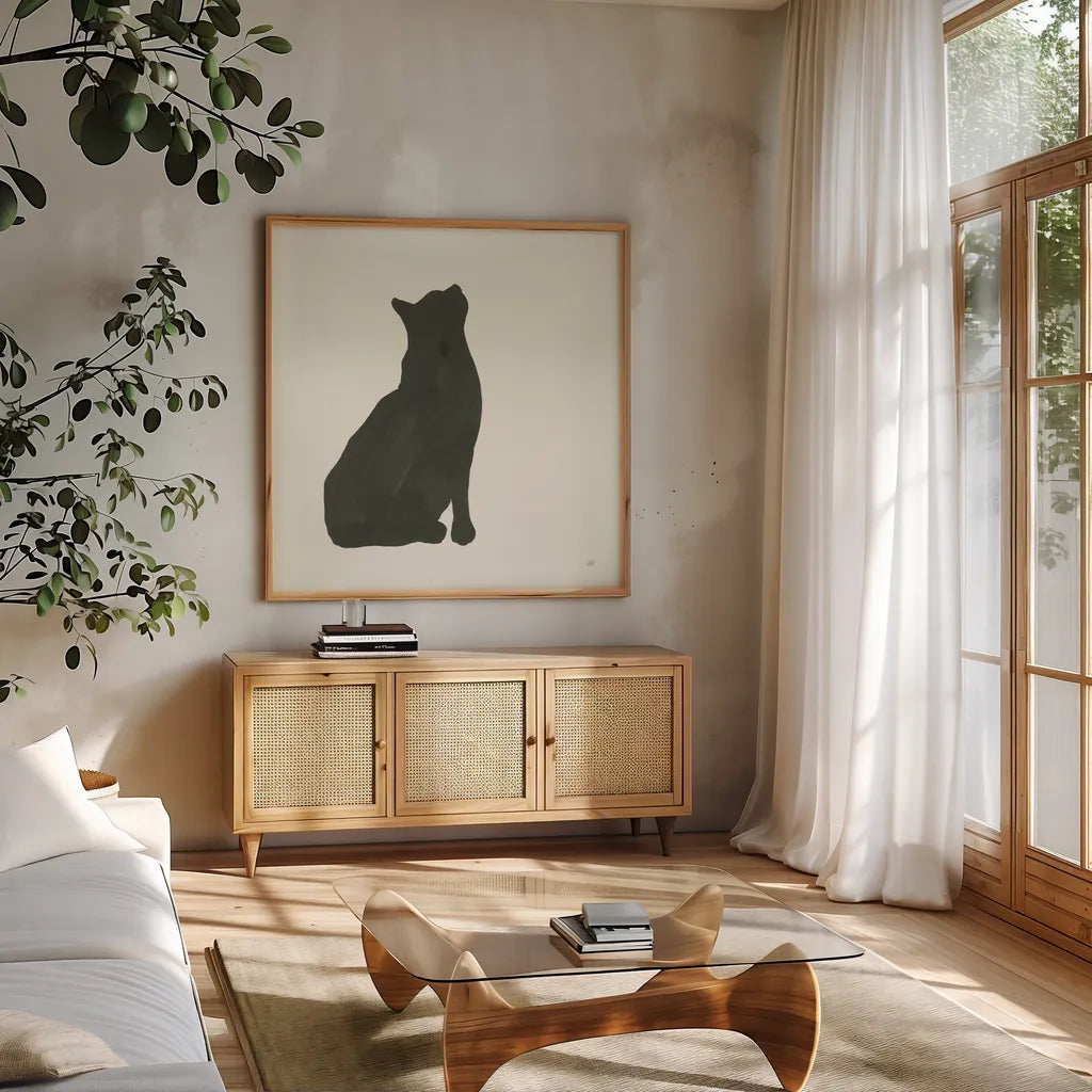 Black Cat III by Chris Paschke. Shown in a natural wood frame in a cozy modern living room. Available as an archival giclee rolled canvas, fine art paper, or poster print. SKU 56271a.