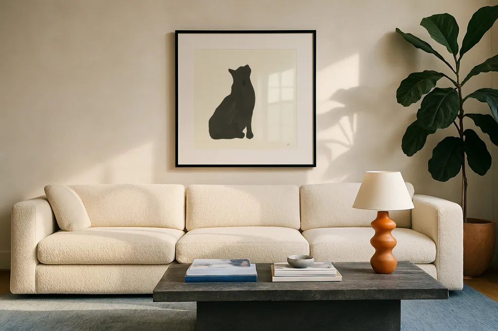 Black Cat III by Chris Paschke. Displayed in a glass frame with matte in a clean modern living room. Available as an archival giclee rolled canvas, fine art paper, or poster print. SKU 56271a.