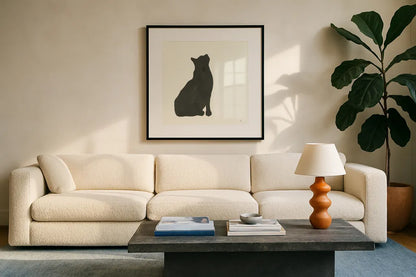 Black Cat III by Chris Paschke. Displayed in a glass frame with matte in a clean modern living room. Available as an archival giclee rolled canvas, fine art paper, or poster print. SKU 56271a.