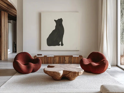 Black Cat III by Chris Paschke. Shown as extra-large giant wall art in a modern living room. Available as an archival giclee rolled canvas, fine art paper, or poster print. SKU 56271a.