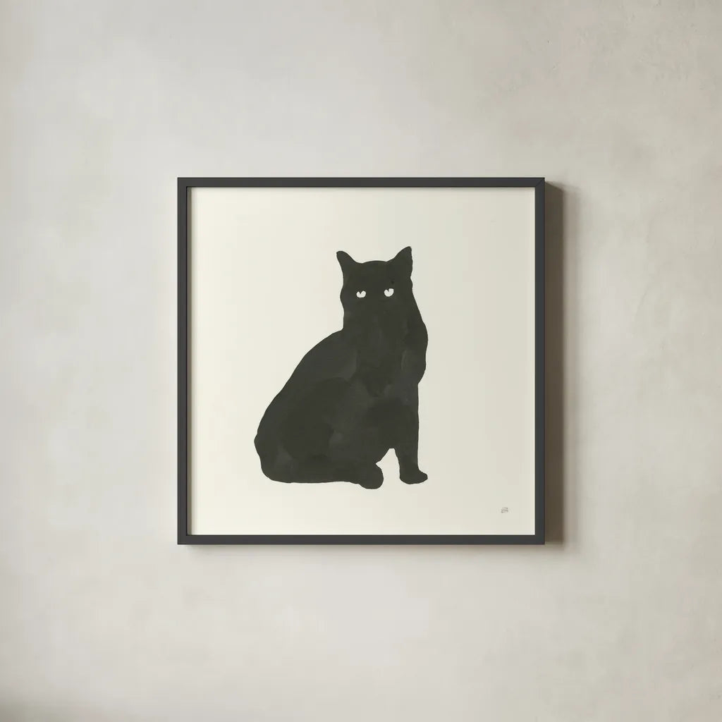 Black Cat V by Chris Paschke. Shown in a sleek black glass frame for a contemporary gallery look. Available as an archival giclee rolled canvas, fine art paper, or poster print. SKU 56273a.