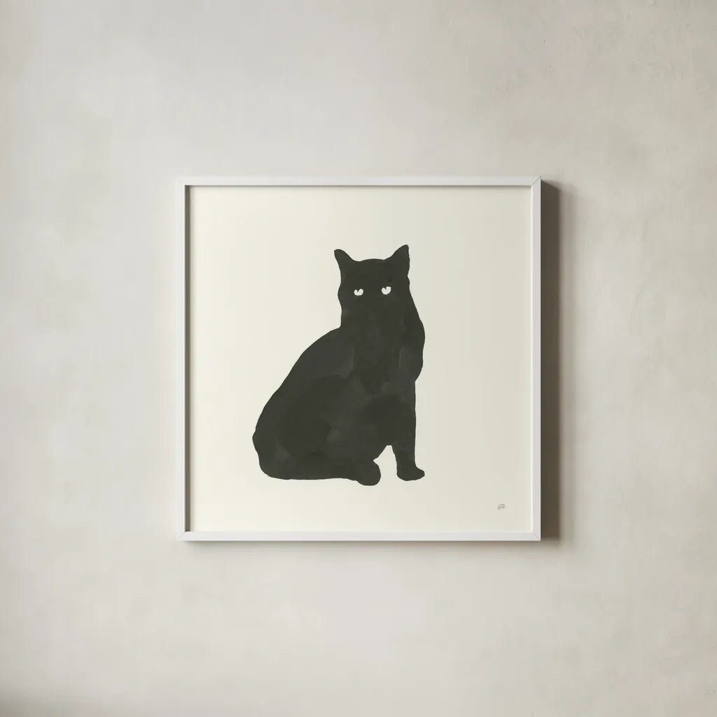 Black Cat V by Chris Paschke. Shown in a crisp white glass frame for a clean and minimalist style. Available as an archival giclee rolled canvas, fine art paper, or poster print. SKU 56273a.