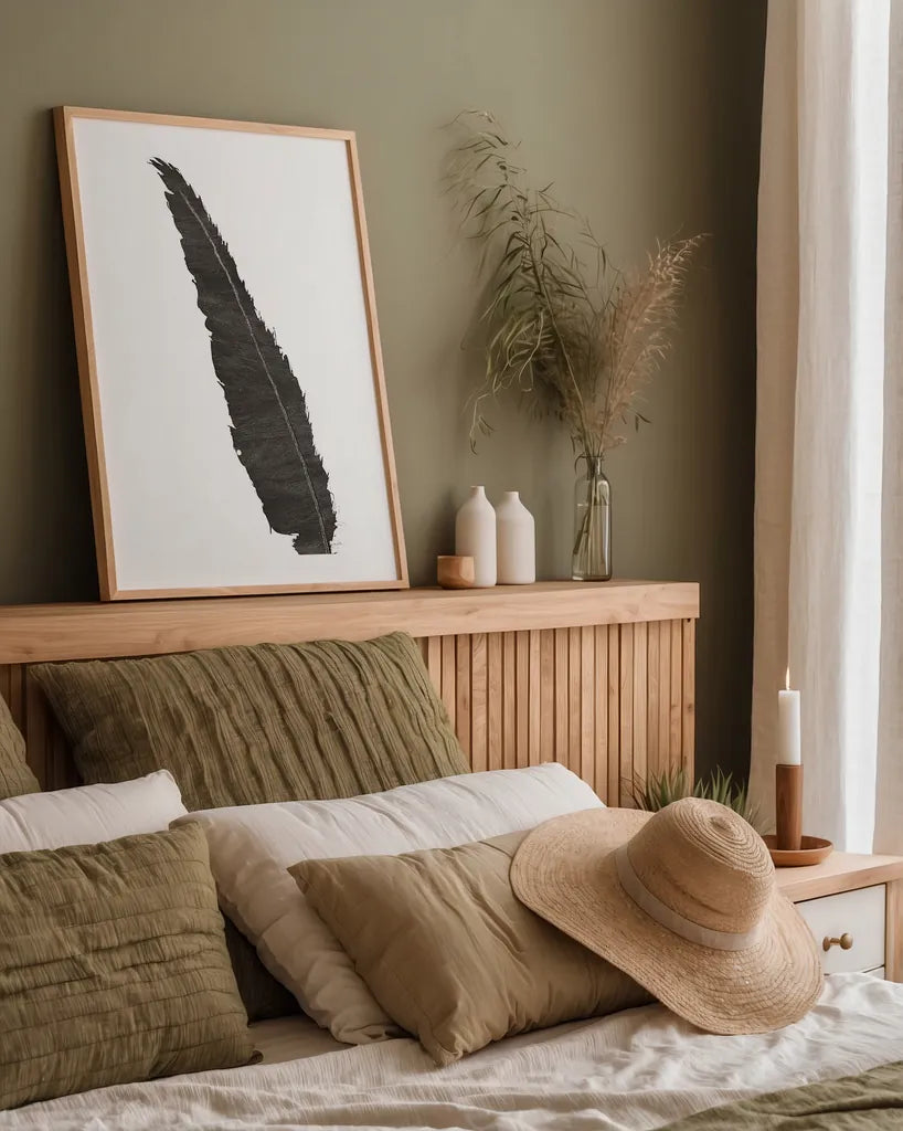 Black Feather VI by Chris Paschke. shown as a paper print in a natural frame. Available as a archival giclee rolled canvas, fine art paper, or poster print. SKU 28002h.