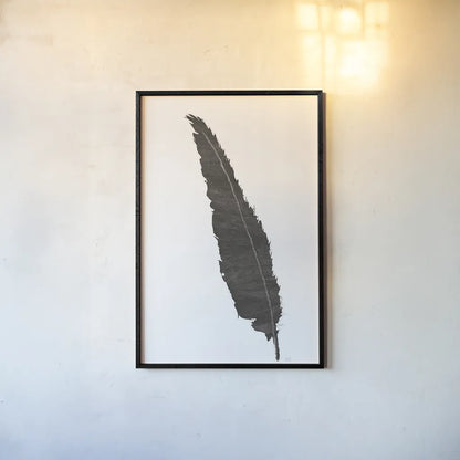 Black Feather VI by Chris Paschke. shown as a paper print in a black flame. Available as a archival giclee rolled canvas, fine art paper, or poster print. SKU 28002h.