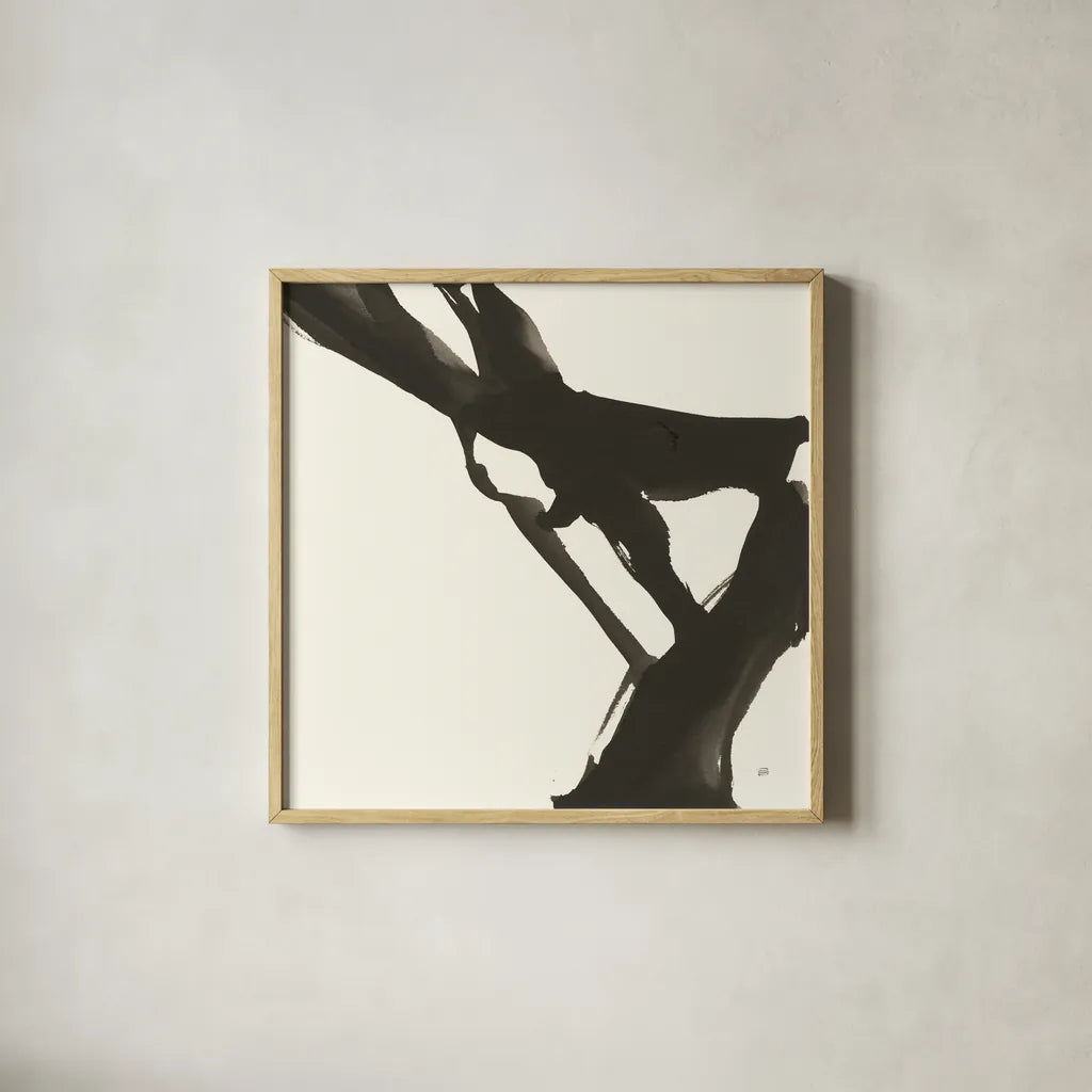 Black Gesture I by Chris Paschke. Shown in a natural wood glass frame for a timeless modern aesthetic. Available as an archival giclee rolled canvas, fine art paper, or poster print. SKU 69344a.