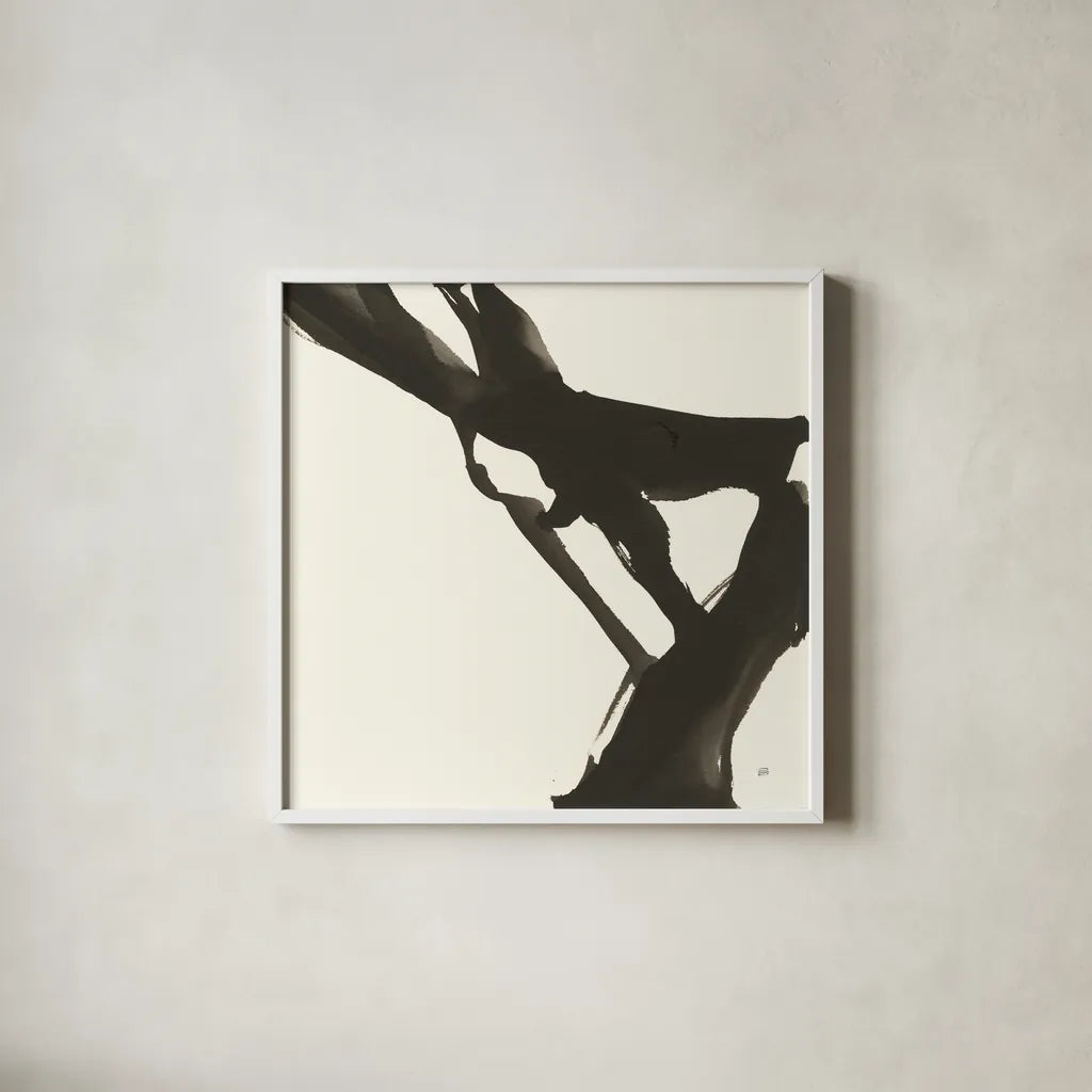 Black Gesture I by Chris Paschke. Shown in a crisp white glass frame for a clean and minimalist style. Available as an archival giclee rolled canvas, fine art paper, or poster print. SKU 69344a.