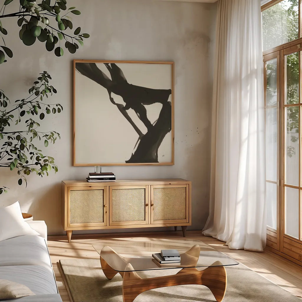 Black Gesture I by Chris Paschke. Shown in a natural wood frame in a cozy modern living room. Available as an archival giclee rolled canvas, fine art paper, or poster print. SKU 69344a.