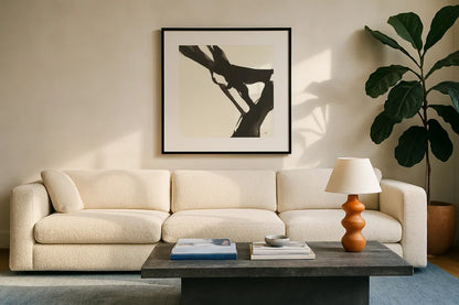 Black Gesture I by Chris Paschke. Displayed in a glass frame with matte in a clean modern living room. Available as an archival giclee rolled canvas, fine art paper, or poster print. SKU 69344a.