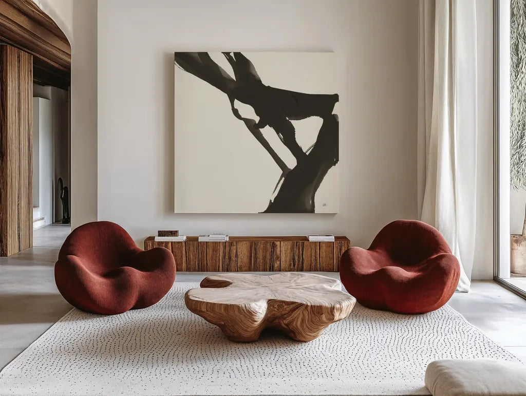 Black Gesture I by Chris Paschke. Shown as extra-large giant wall art in a modern living room. Available as an archival giclee rolled canvas, fine art paper, or poster print. SKU 69344a.