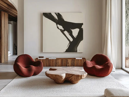 Black Gesture I by Chris Paschke. Shown as extra-large giant wall art in a modern living room. Available as an archival giclee rolled canvas, fine art paper, or poster print. SKU 69344a.