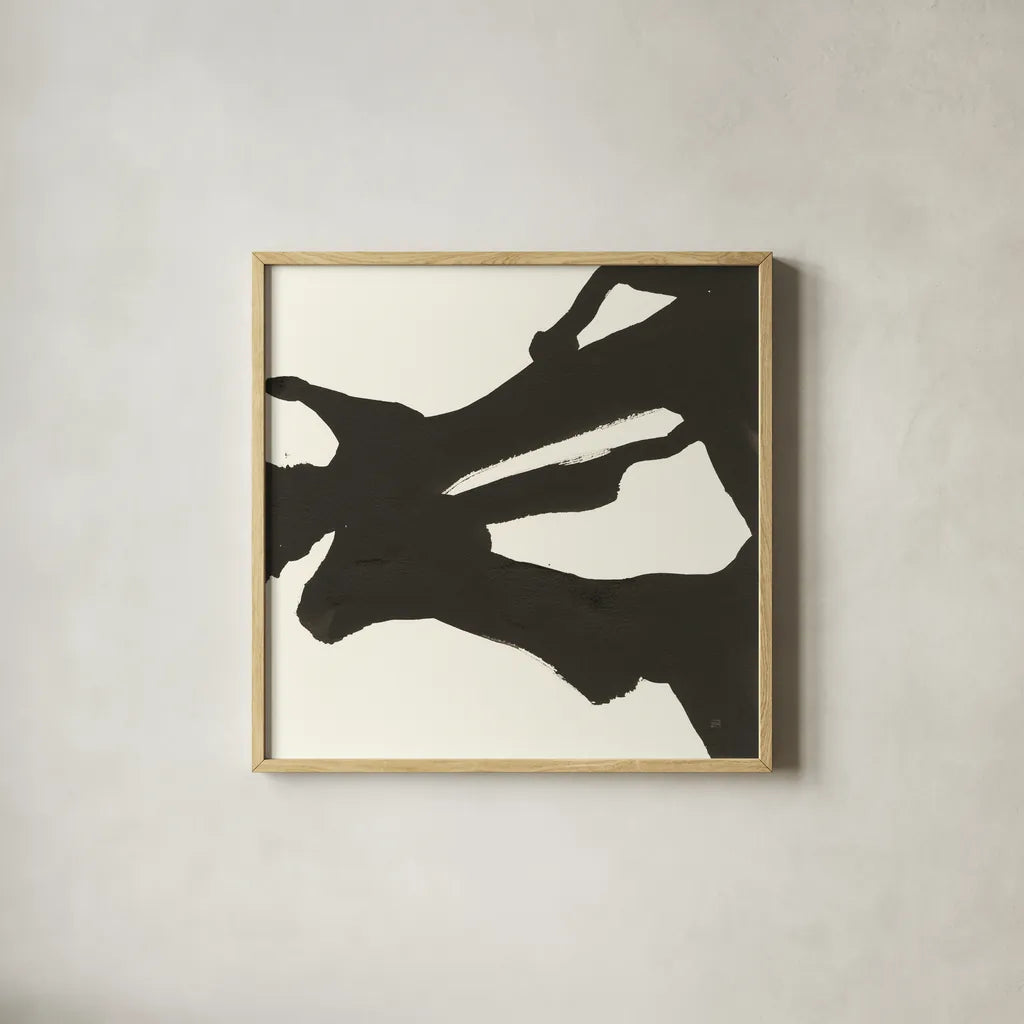 Black Gesture II by Chris Paschke. Shown in a natural wood glass frame for a timeless modern aesthetic. Available as an archival giclee rolled canvas, fine art paper, or poster print. SKU 69345a.