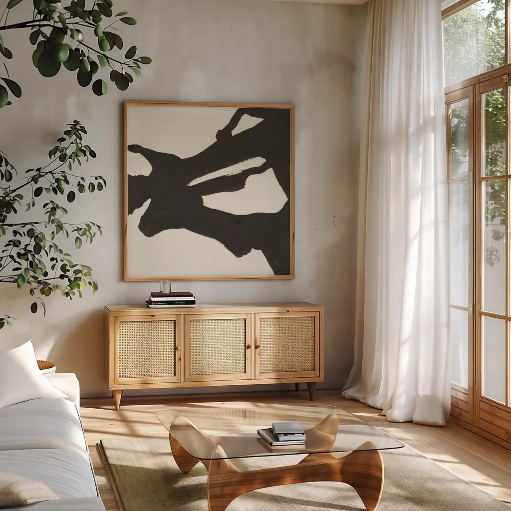 Black Gesture II by Chris Paschke. Shown in a natural wood frame in a cozy modern living room. Available as an archival giclee rolled canvas, fine art paper, or poster print. SKU 69345a.