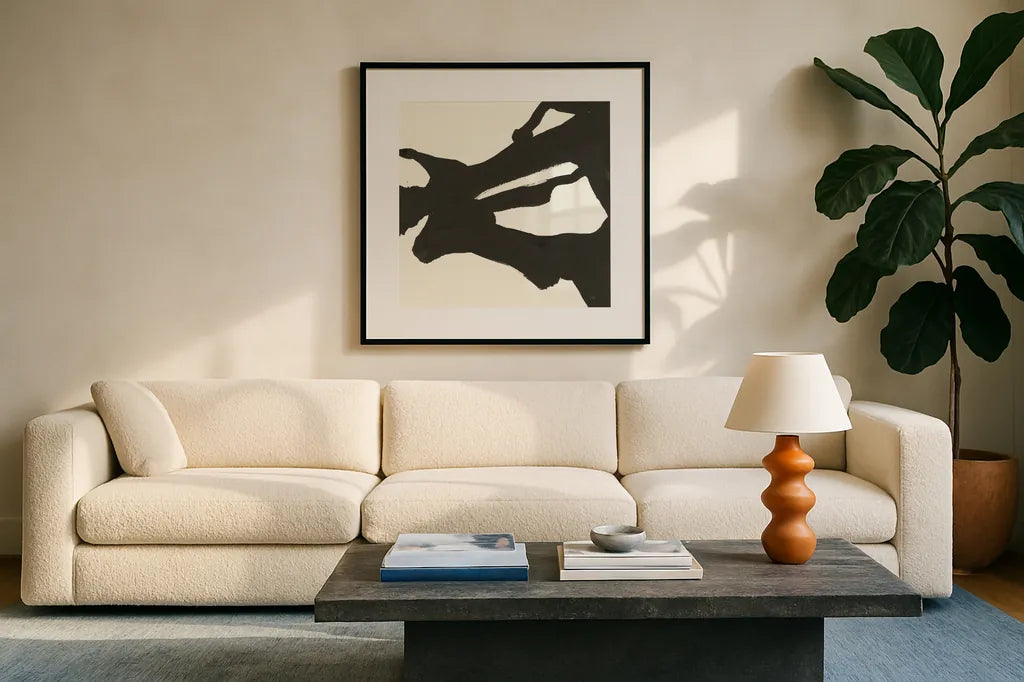 Black Gesture II by Chris Paschke. Displayed in a glass frame with matte in a clean modern living room. Available as an archival giclee rolled canvas, fine art paper, or poster print. SKU 69345a.