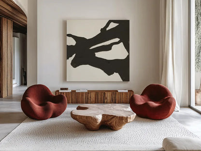 Black Gesture II by Chris Paschke. Shown as extra-large giant wall art in a modern living room. Available as an archival giclee rolled canvas, fine art paper, or poster print. SKU 69345a.