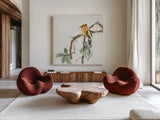 Black Napped Oriole by Chris Paschke. Shown as extra-large giant wall art in a modern living room. Available as an archival giclee rolled canvas, fine art paper, or poster print. SKU 23936a.