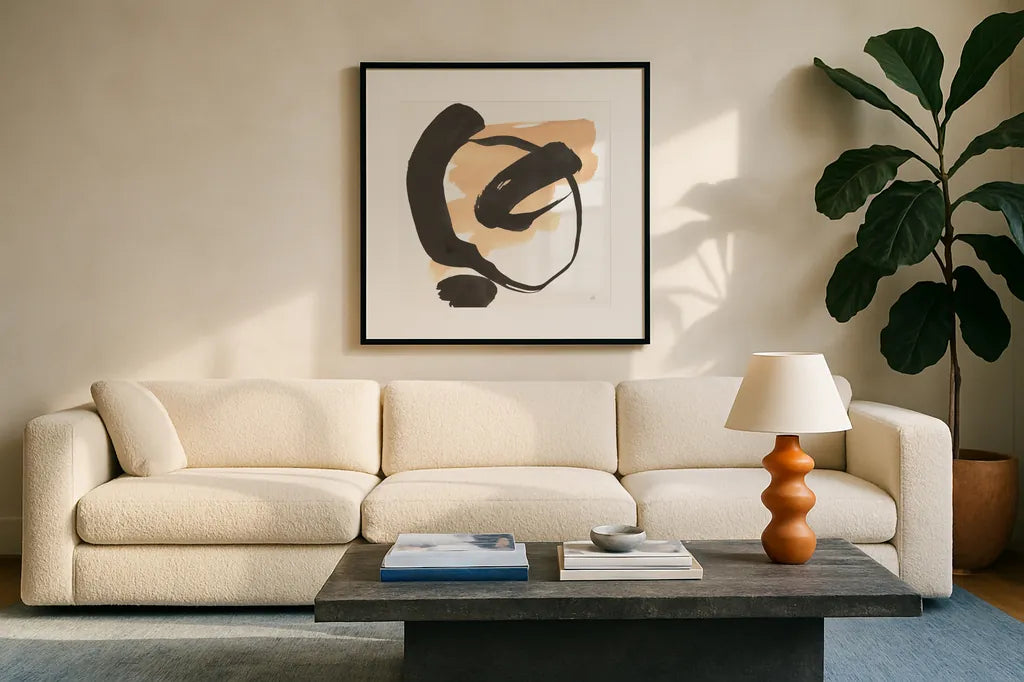 Black and Cream I by Chris Paschke. Displayed in a glass frame with matte in a clean modern living room. Available as an archival giclee rolled canvas, fine art paper, or poster print. SKU 83767a.