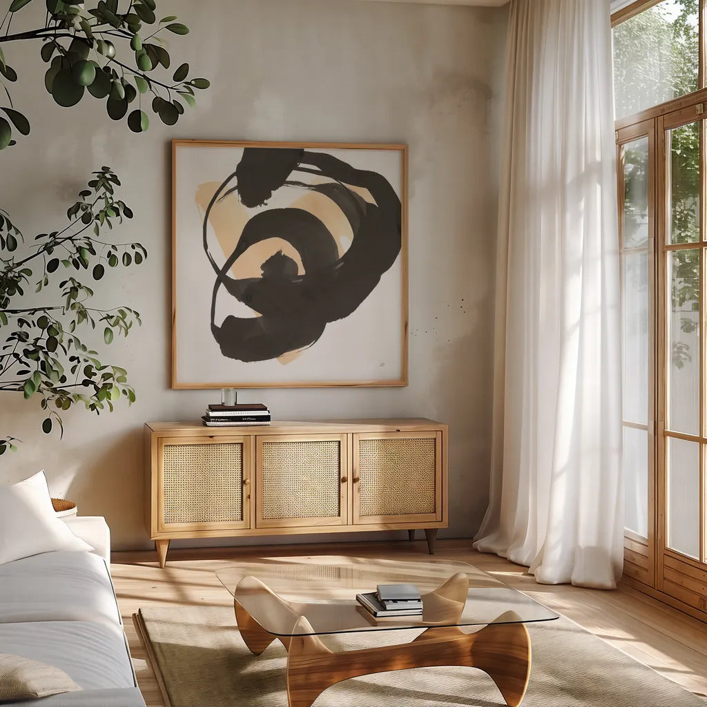 Black and Cream II by Chris Paschke. Shown in a natural wood frame in a cozy modern living room. Available as an archival giclee rolled canvas, fine art paper, or poster print. SKU 83768a.