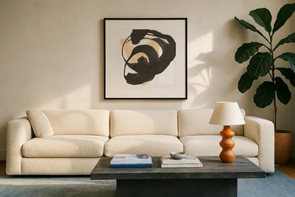 Black and Cream II by Chris Paschke. Displayed in a glass frame with matte in a clean modern living room. Available as an archival giclee rolled canvas, fine art paper, or poster print. SKU 83768a.