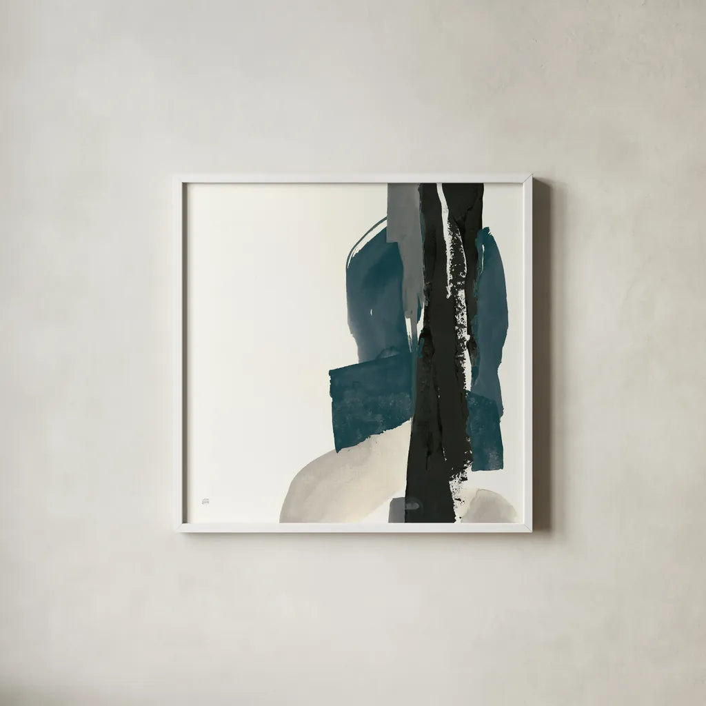 Black and Dark Teal I by Chris Paschke. Shown in a crisp white glass frame for a clean and minimalist style. Available as an archival giclee rolled canvas, fine art paper, or poster print. SKU 51141a.