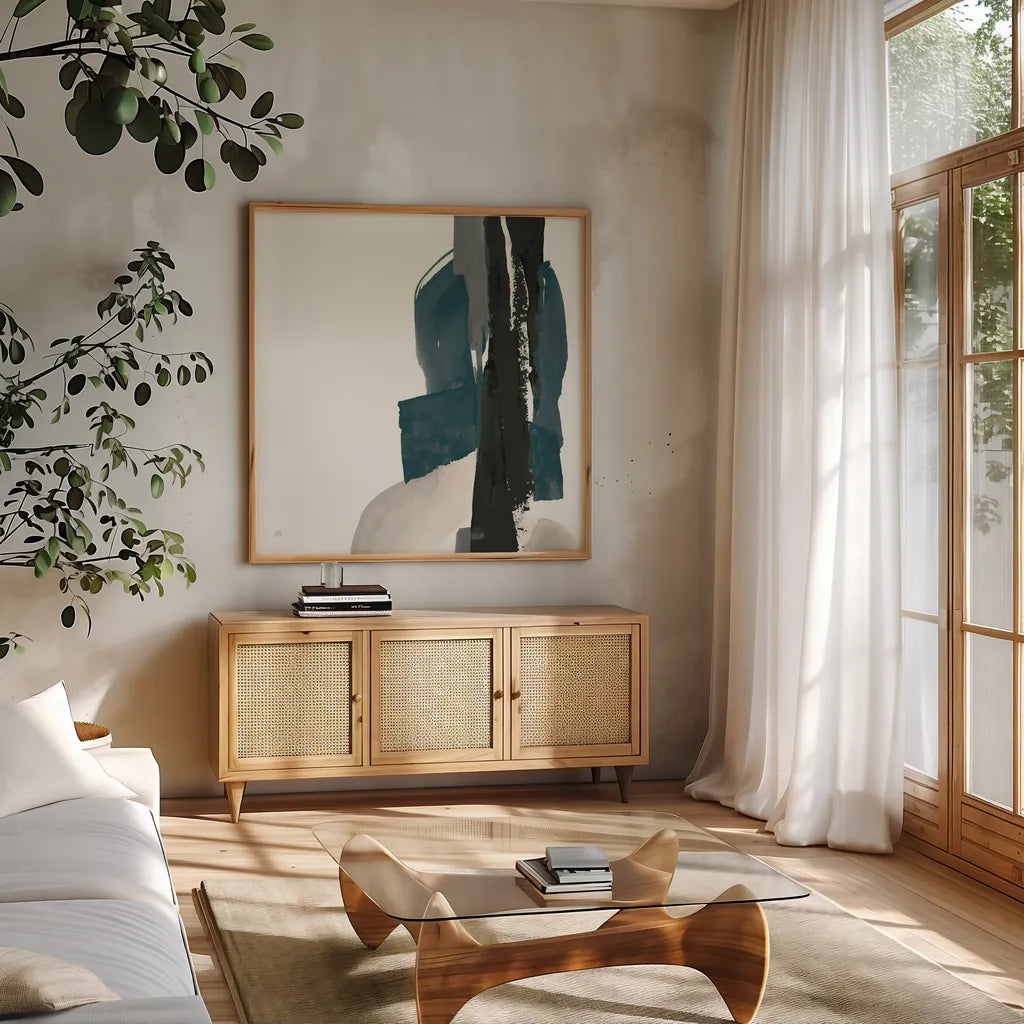 Black and Dark Teal I by Chris Paschke. Shown in a natural wood frame in a cozy modern living room. Available as an archival giclee rolled canvas, fine art paper, or poster print. SKU 51141a.