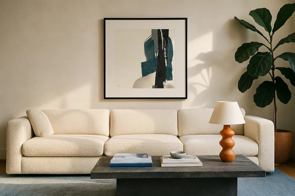 Black and Dark Teal I by Chris Paschke. Displayed in a glass frame with matte in a clean modern living room. Available as an archival giclee rolled canvas, fine art paper, or poster print. SKU 51141a.