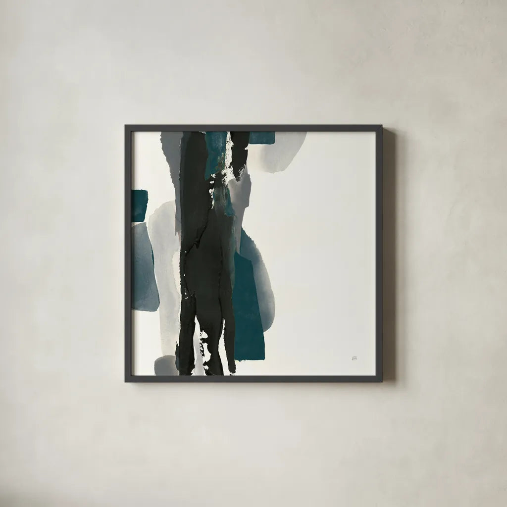 Black and Dark Teal II by Chris Paschke. Shown in a sleek black glass frame for a contemporary gallery look. Available as an archival giclee rolled canvas, fine art paper, or poster print. SKU 59284a.