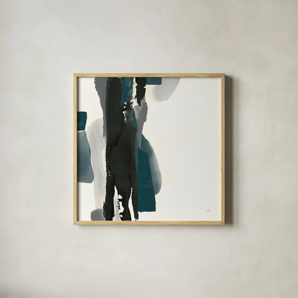 Black and Dark Teal II by Chris Paschke. Shown in a natural wood glass frame for a timeless modern aesthetic. Available as an archival giclee rolled canvas, fine art paper, or poster print. SKU 59284a.