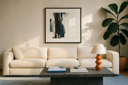 Black and Dark Teal II by Chris Paschke. Displayed in a glass frame with matte in a clean modern living room. Available as an archival giclee rolled canvas, fine art paper, or poster print. SKU 59284a.