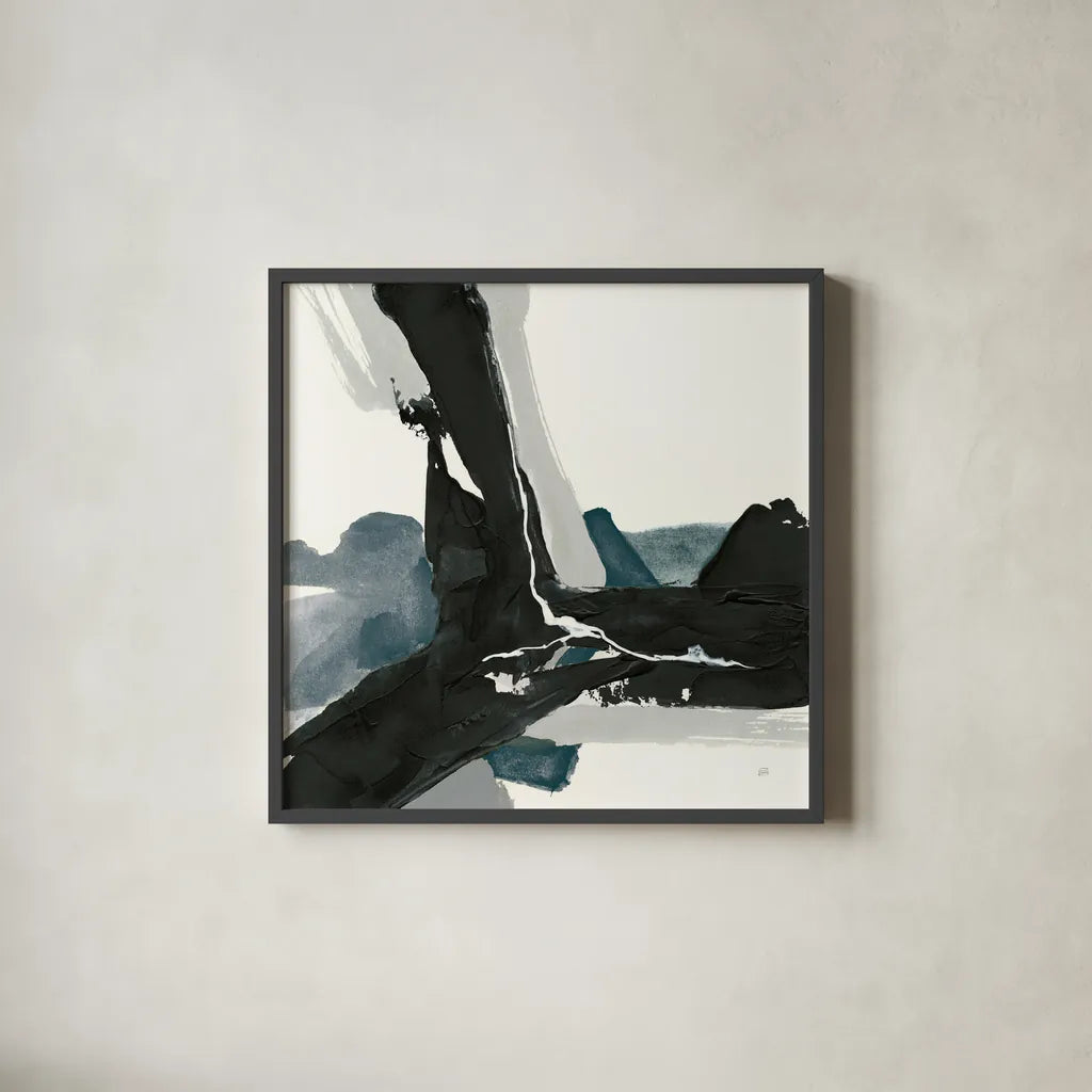 Black and Dark Teal III by Chris Paschke. Shown in a sleek black glass frame for a contemporary gallery look. Available as an archival giclee rolled canvas, fine art paper, or poster print. SKU 59285a.