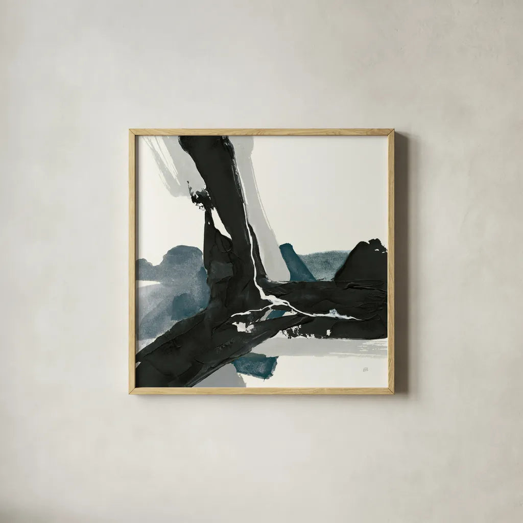 Black and Dark Teal III by Chris Paschke. Shown in a natural wood glass frame for a timeless modern aesthetic. Available as an archival giclee rolled canvas, fine art paper, or poster print. SKU 59285a.