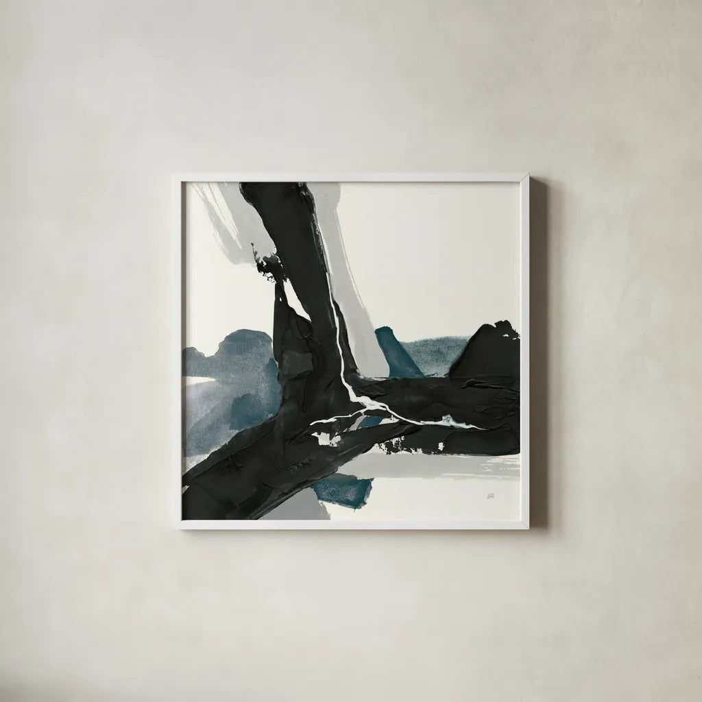 Black and Dark Teal III by Chris Paschke. Shown in a crisp white glass frame for a clean and minimalist style. Available as an archival giclee rolled canvas, fine art paper, or poster print. SKU 59285a.