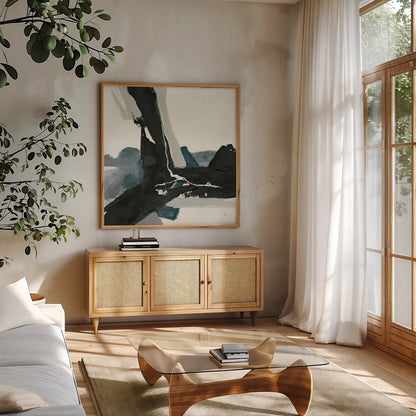 Black and Dark Teal III by Chris Paschke. Shown in a natural wood frame in a cozy modern living room. Available as an archival giclee rolled canvas, fine art paper, or poster print. SKU 59285a.