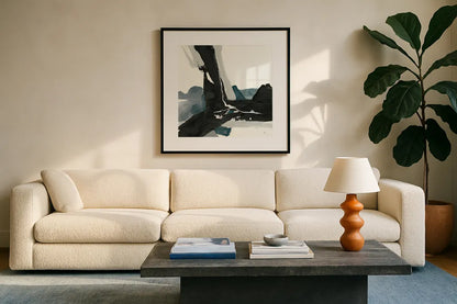 Black and Dark Teal III by Chris Paschke. Displayed in a glass frame with matte in a clean modern living room. Available as an archival giclee rolled canvas, fine art paper, or poster print. SKU 59285a.