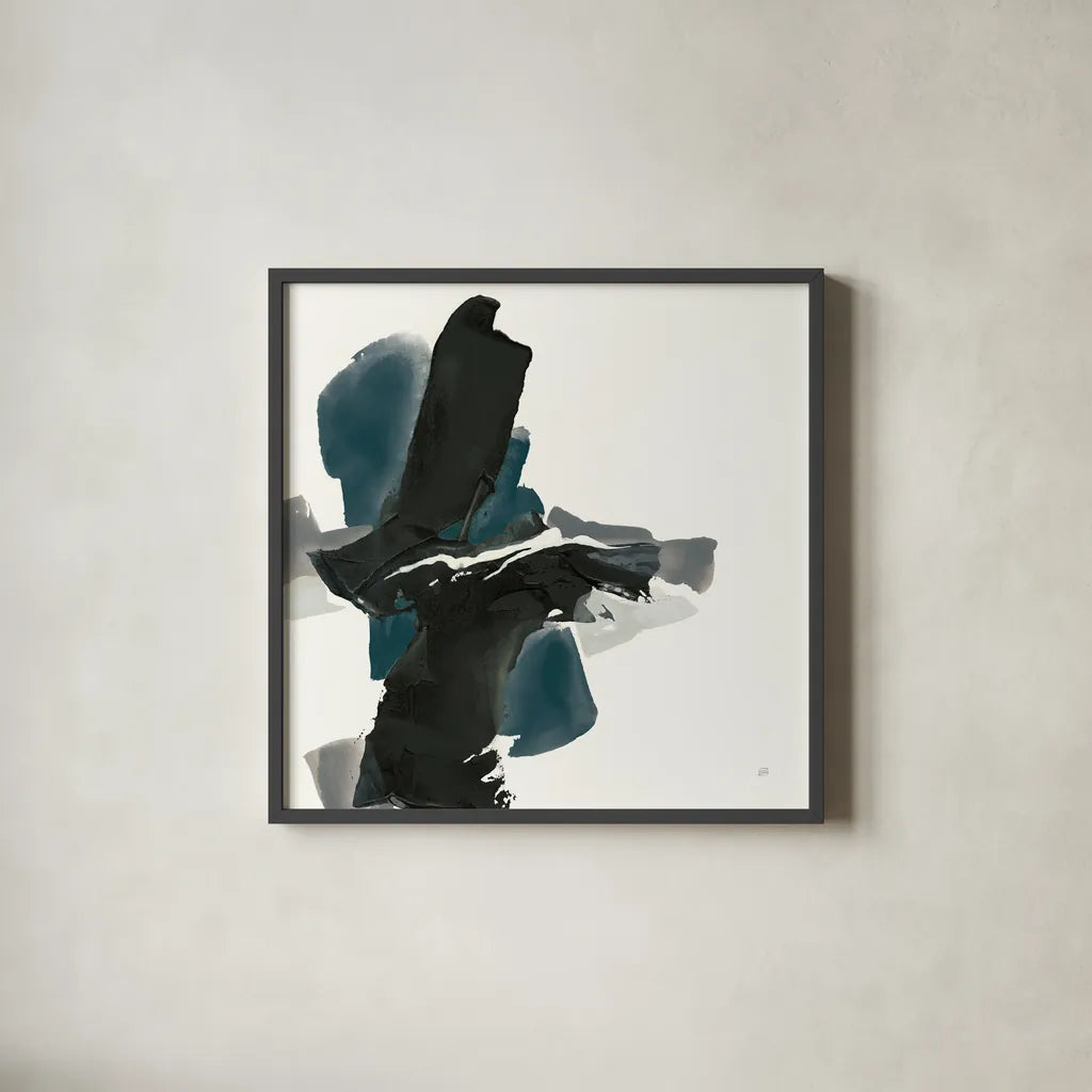 Black and Dark Teal IV by Chris Paschke. Shown in a sleek black glass frame for a contemporary gallery look. Available as an archival giclee rolled canvas, fine art paper, or poster print. SKU 59286a.