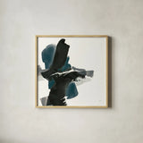 Black and Dark Teal IV by Chris Paschke. Shown in a natural wood glass frame for a timeless modern aesthetic. Available as an archival giclee rolled canvas, fine art paper, or poster print. SKU 59286a.