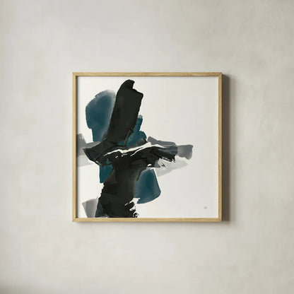 Black and Dark Teal IV by Chris Paschke. Shown in a natural wood glass frame for a timeless modern aesthetic. Available as an archival giclee rolled canvas, fine art paper, or poster print. SKU 59286a.