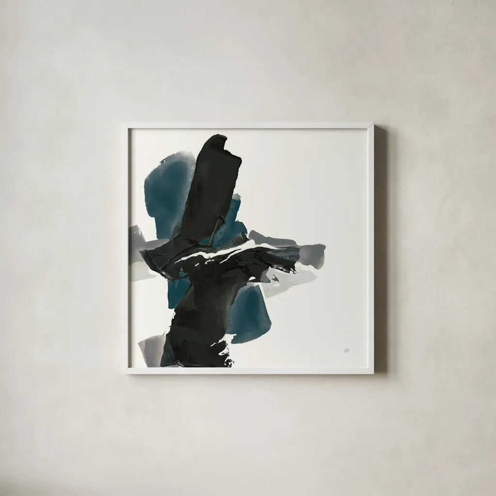Black and Dark Teal IV by Chris Paschke. Shown in a crisp white glass frame for a clean and minimalist style. Available as an archival giclee rolled canvas, fine art paper, or poster print. SKU 59286a.