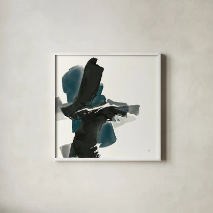 Black and Dark Teal IV by Chris Paschke. Shown in a crisp white glass frame for a clean and minimalist style. Available as an archival giclee rolled canvas, fine art paper, or poster print. SKU 59286a.