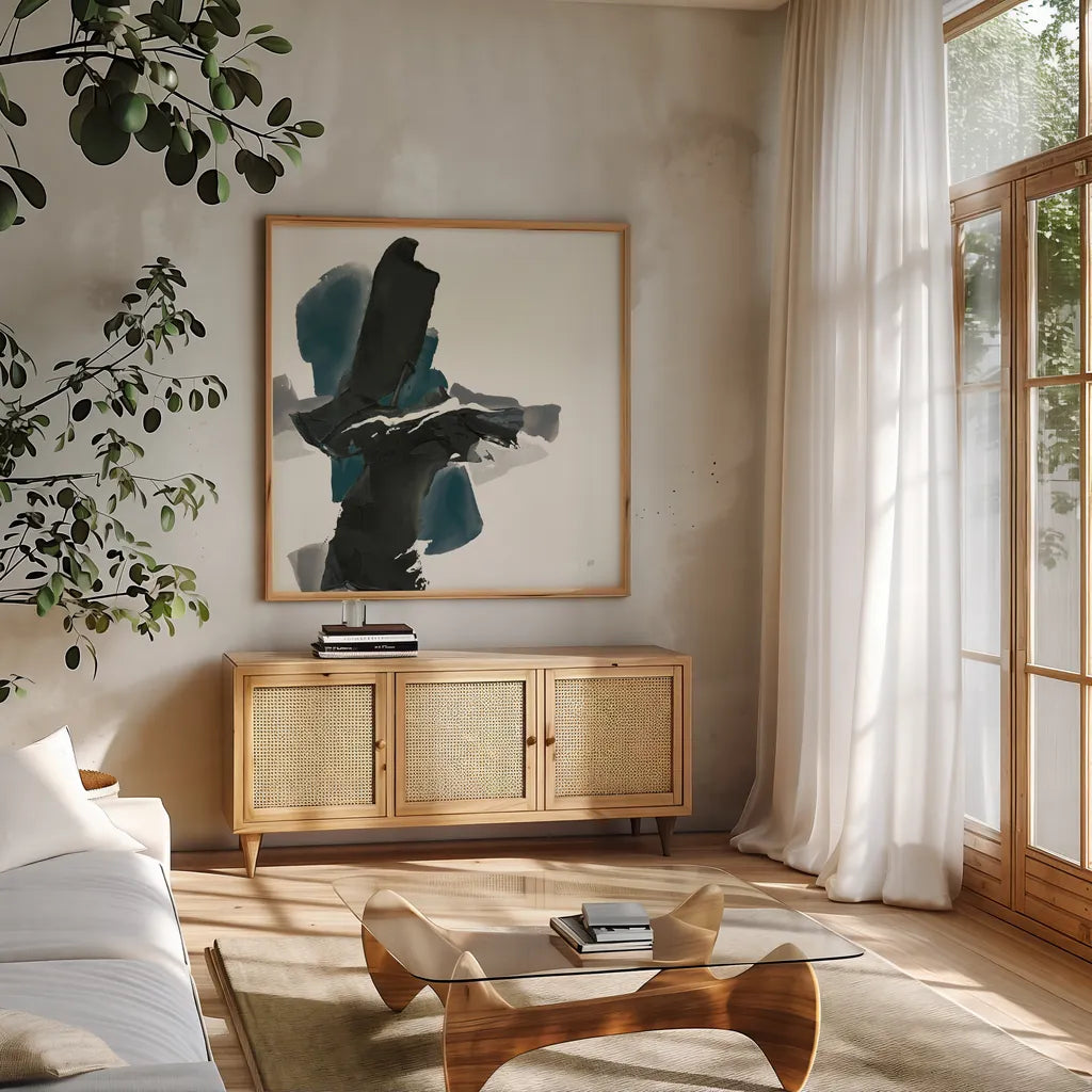 Black and Dark Teal IV by Chris Paschke. Shown in a natural wood frame in a cozy modern living room. Available as an archival giclee rolled canvas, fine art paper, or poster print. SKU 59286a.