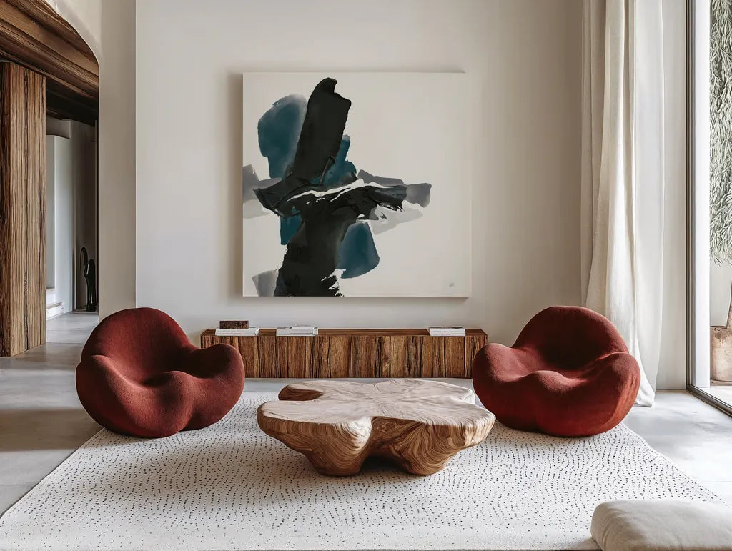 Black and Dark Teal IV by Chris Paschke. Shown as extra-large giant wall art in a modern living room. Available as an archival giclee rolled canvas, fine art paper, or poster print. SKU 59286a.