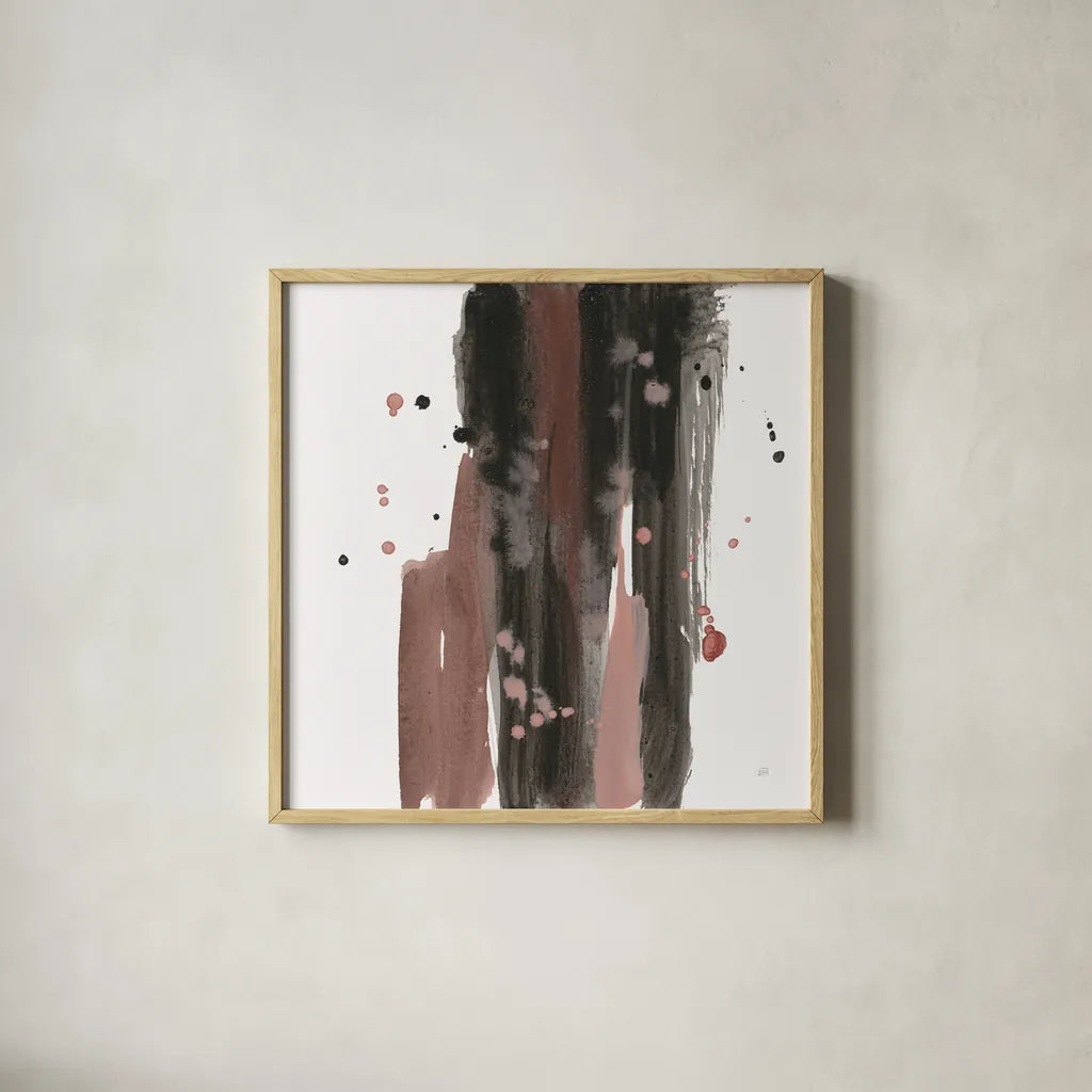 Black and Rust I by Chris Paschke. Shown in a natural wood glass frame for a timeless modern aesthetic. Available as an archival giclee rolled canvas, fine art paper, or poster print. SKU 94790a.