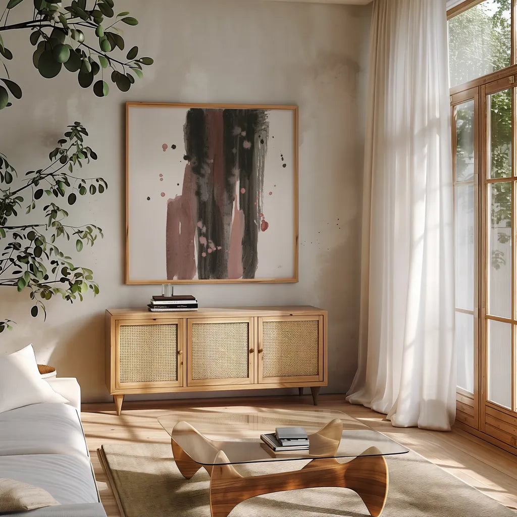 Black and Rust I by Chris Paschke. Shown in a natural wood frame in a cozy modern living room. Available as an archival giclee rolled canvas, fine art paper, or poster print. SKU 94790a.