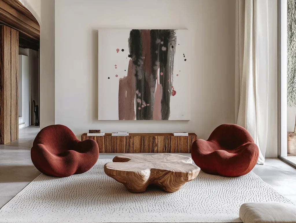 Black and Rust I by Chris Paschke. Shown as extra-large giant wall art in a modern living room. Available as an archival giclee rolled canvas, fine art paper, or poster print. SKU 94790a.