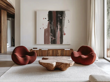 Black and Rust I by Chris Paschke. Shown as extra-large giant wall art in a modern living room. Available as an archival giclee rolled canvas, fine art paper, or poster print. SKU 94790a.