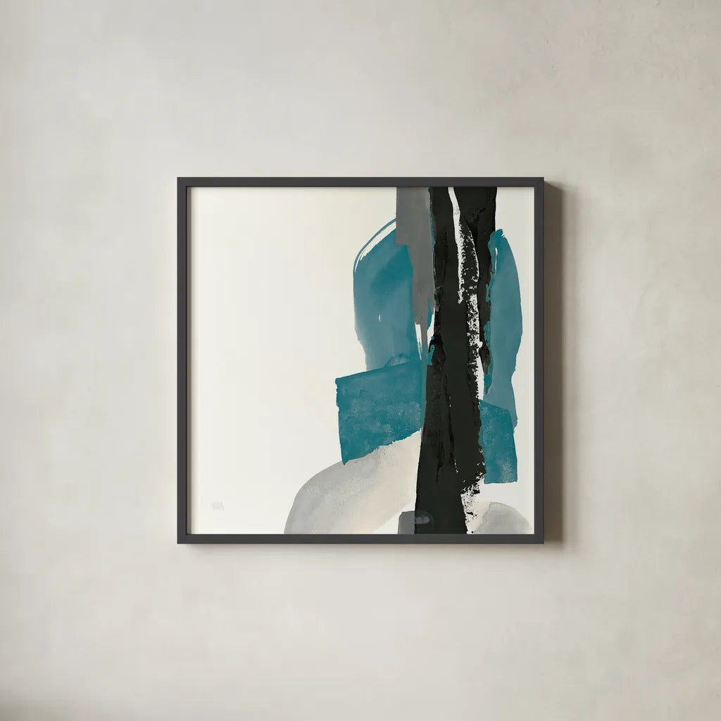 Black and Teal I by Chris Paschke. Shown in a sleek black glass frame for a contemporary gallery look. Available as an archival giclee rolled canvas, fine art paper, or poster print. SKU 34091a.
