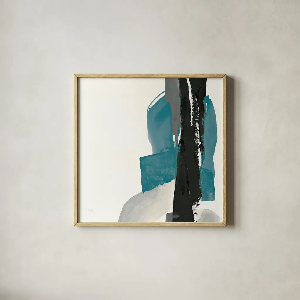 Black and Teal I by Chris Paschke. Shown in a natural wood glass frame for a timeless modern aesthetic. Available as an archival giclee rolled canvas, fine art paper, or poster print. SKU 34091a.