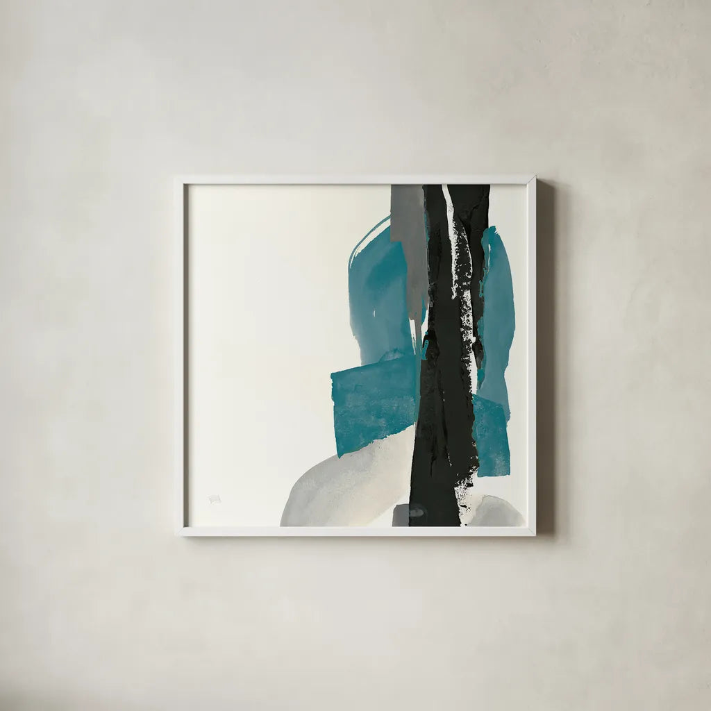 Black and Teal I by Chris Paschke. Shown in a crisp white glass frame for a clean and minimalist style. Available as an archival giclee rolled canvas, fine art paper, or poster print. SKU 34091a.