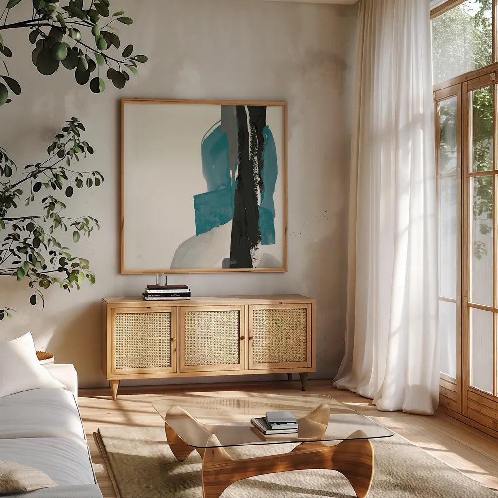 Black and Teal I by Chris Paschke. Shown in a natural wood frame in a cozy modern living room. Available as an archival giclee rolled canvas, fine art paper, or poster print. SKU 34091a.