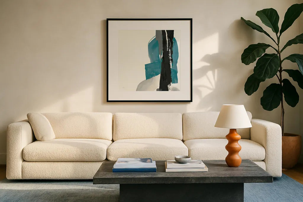 Black and Teal I by Chris Paschke. Displayed in a glass frame with matte in a clean modern living room. Available as an archival giclee rolled canvas, fine art paper, or poster print. SKU 34091a.